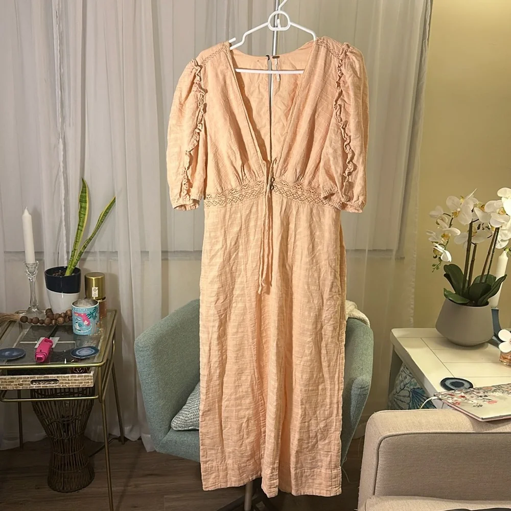 Free People Slow Pace Romantic Ruffles Femme Puff Sleeve Midi Dress Size Large - Picture 5 of 9